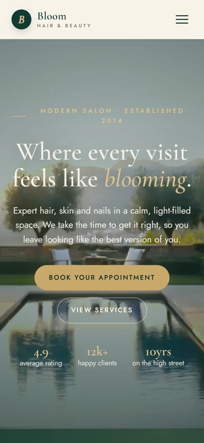 A Shika-built salon site on a phone, with the booking button visible without scrolling