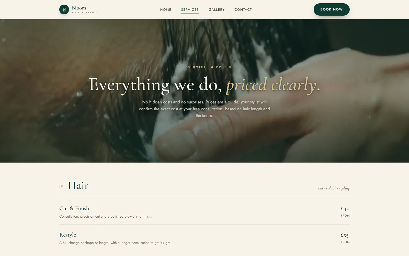 The Bloom services page with a treatment and price menu