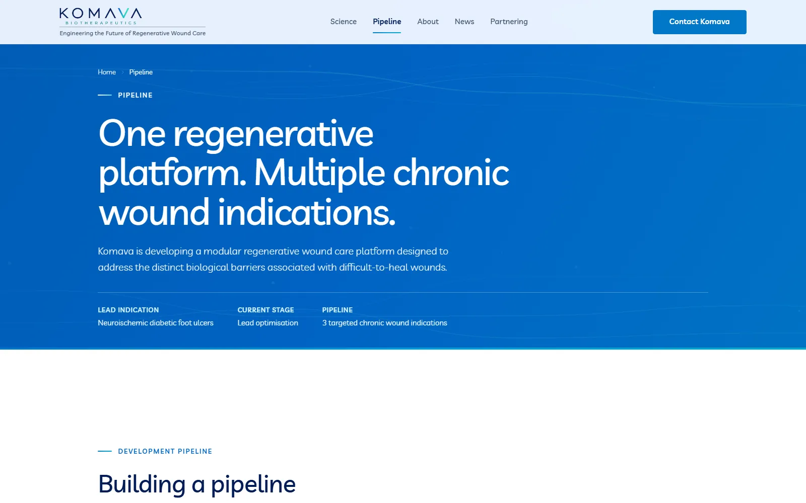 The Komava pipeline page showing programme stages
